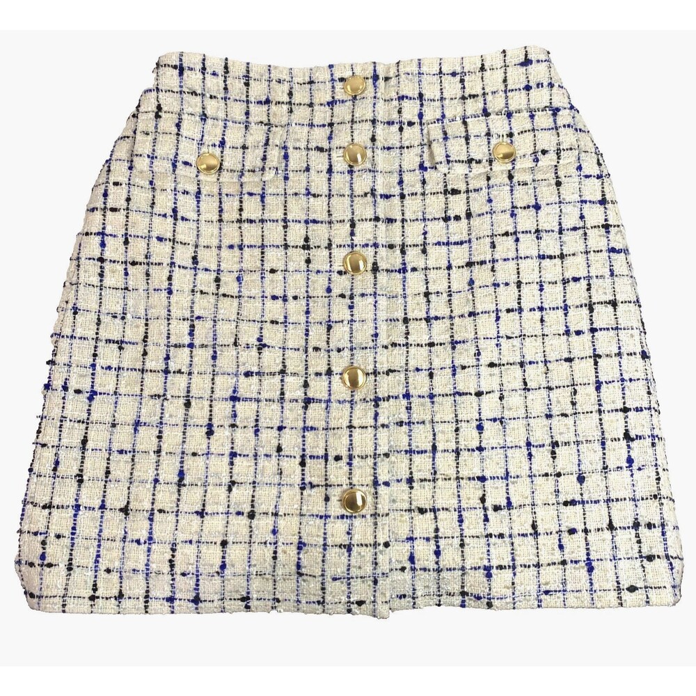 Ann Taylor Tweed Mini Skirt Womens Size 2 Blue White Geometric Pattern Lined